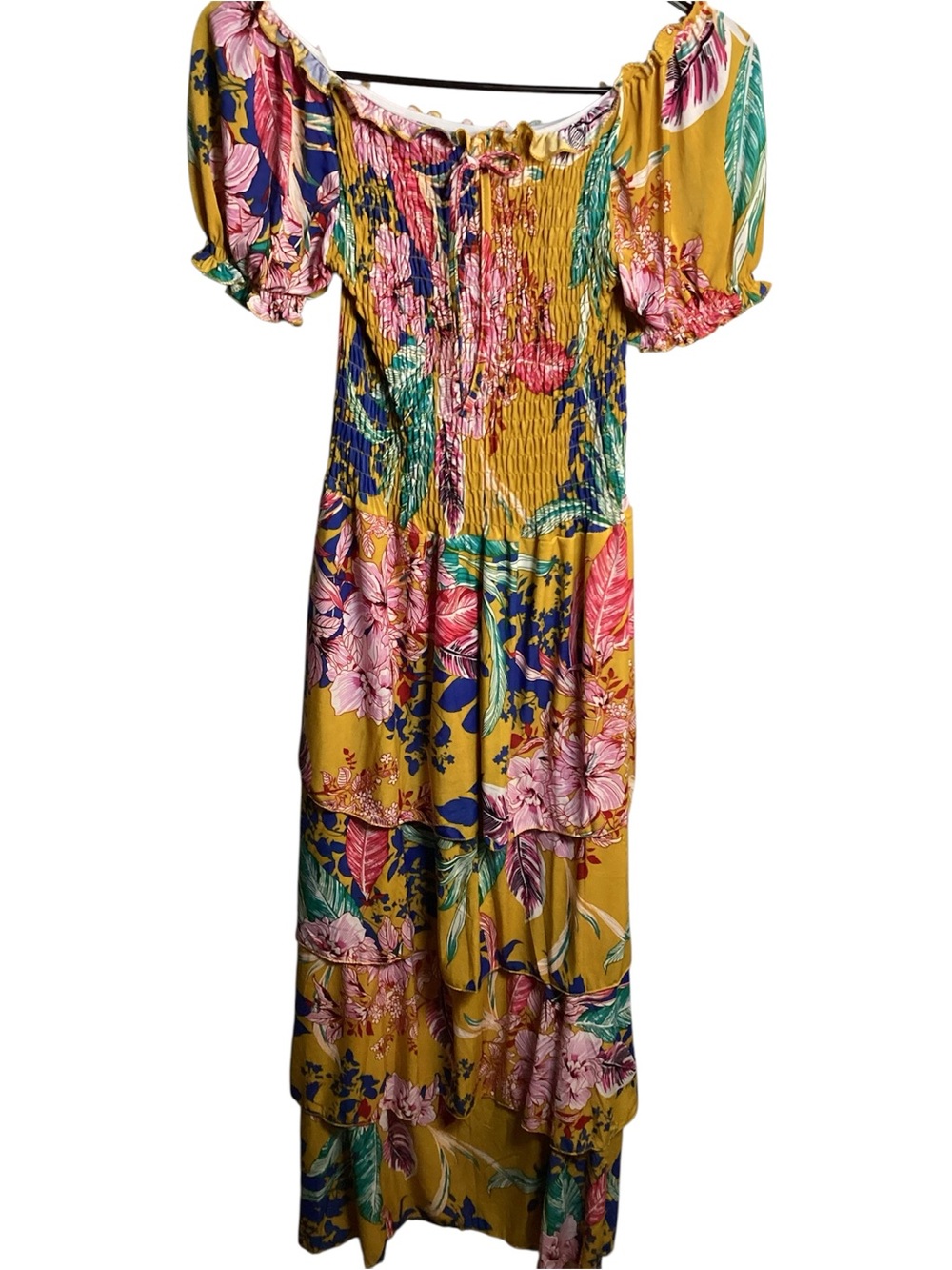 Mustard Floral Off-Shoulder Smocked Maxi Dress